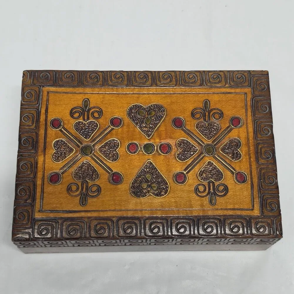 VTG Polish Wooden Trinket Box Handmade Pyrography Inlayed Brass Folk Art Hearts